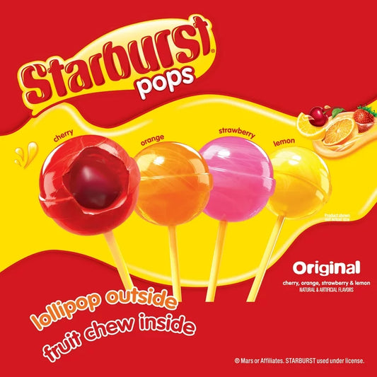 Starbust Original Pops Cherry,Orange,Strawberry,Lemon Lollipop Outside Fruit Chew Inside 24 Grams