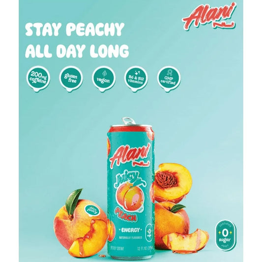 Suplemented Health Canada Juicy Peach Naturally Flavored 140 Milligrams Cafeine Gluten-Free Vegan Alani Energy Drink 355 Miligrams