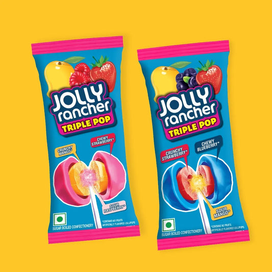 Jolly Rancher Triple Pop Chewy Strawberry,Crunchy Mango,Sour Raspberry, Chewy Blueberry,Crunchy Strawberry,Sour Mango Artificially Flavored Lollipops