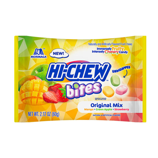 Hi - Chew Bites Tm Unwrapped Product Shown Not Actual Size Naturally And Artificially Flavored Fruit Chews Immensely Fruity Intensely Chewy Candy Original Mix Mango,Green Apple, Strawberry Natural And Artificial Flavors 60 grams