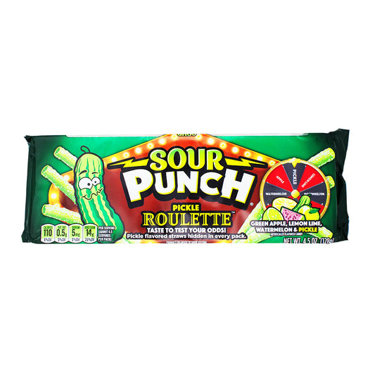 Sour Punch Pickle, Lemon Lime, Watermelon, Watermelon, Apple, Pickle, Green Apple, Lemon Lime, Watermelon And Pickle Artifificially Flavored Candy Pickle Roulette Taste To Test Your Odds! Pickle Flavored Straws Hidden In Every Pack 128 Grams